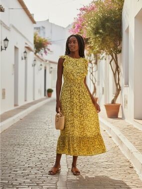 Anthropologie Ranna Gill Women’s S Yellow Floral Ruffle Lenore Maxi‎ Dress